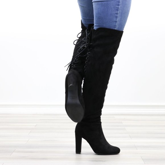 Black Over The Knee Heeled Boots Thigh High Suede With Lace Up Back - Picture 5 of 14